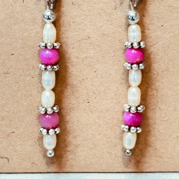 Stainless Steel Dangle Earrings Freshwater Pearls & Crackle Quartz Hand Made - Picture 5 of 11